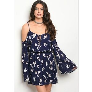 Navy Blue Cold Shoulder Dress with Sparrow Print
